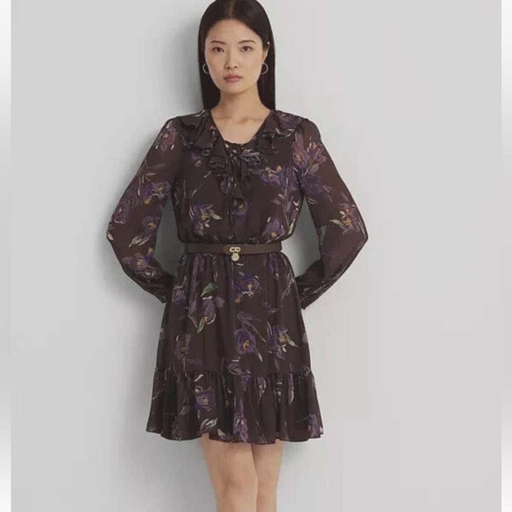 RALPH LAUREN 12 Georgette Black label floral purple quiet luxury fairycore dress